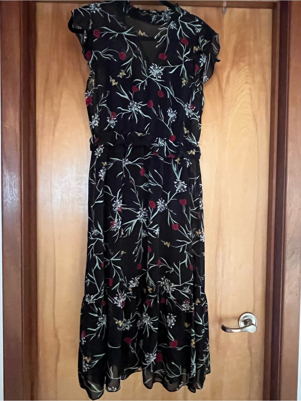 Vero Moda Black Midi Dress with Floral Print and Red Accents